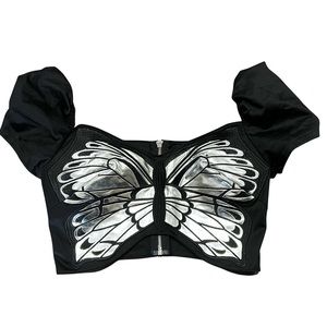 Current Mood Holographic Butterfly Puff Sleeve Crop Top